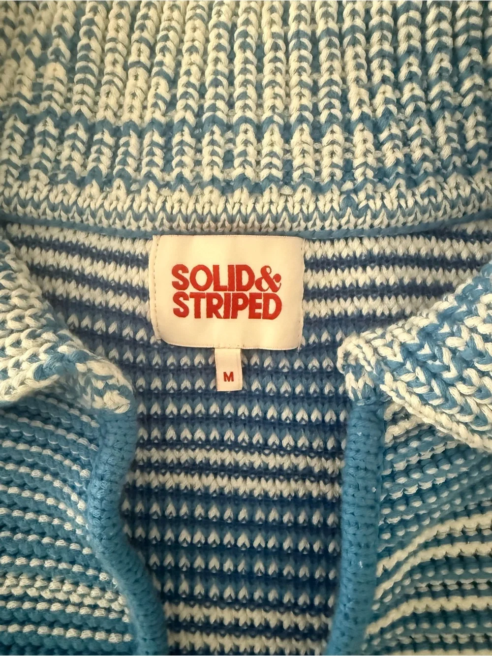 SOLID & STRIPED Blue and Cream Striped V-Neck Rugby Sweater - Picture 2 of 2